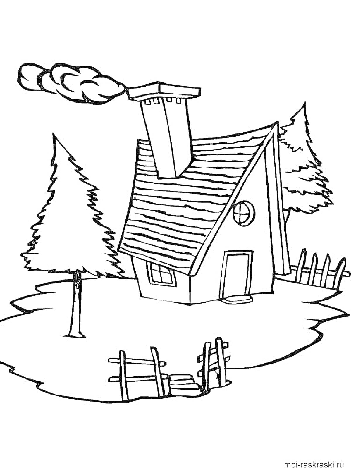 Раскраска Домик с дымоходом, забором и елками