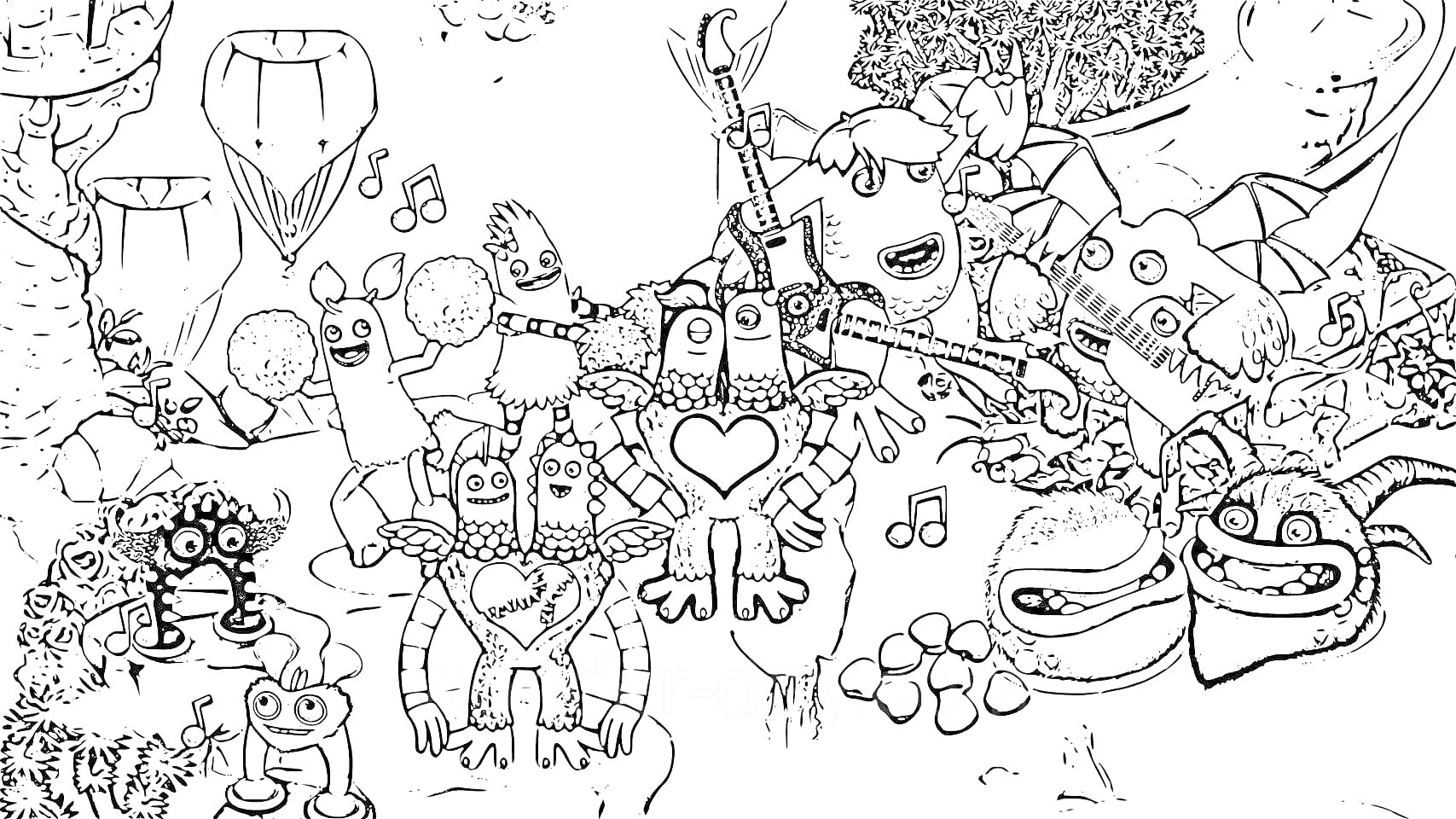 Раскраска Вужас: монстры с музыкальными нотами на фоне леса и скального пейзажа с деревьями, сердечными монстрами, грибными существами и креативными персонажами с разными выражениями лица.