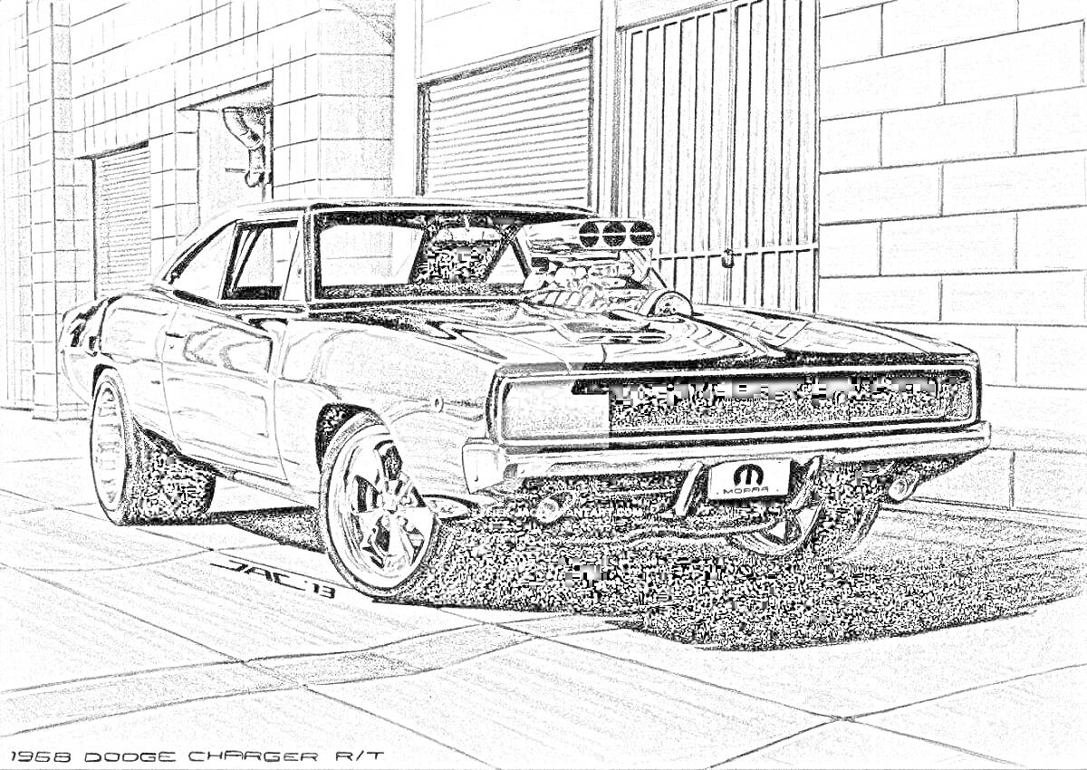 Раскраска 1968 Dodge Charger R/T возле зданий с гаражными воротами