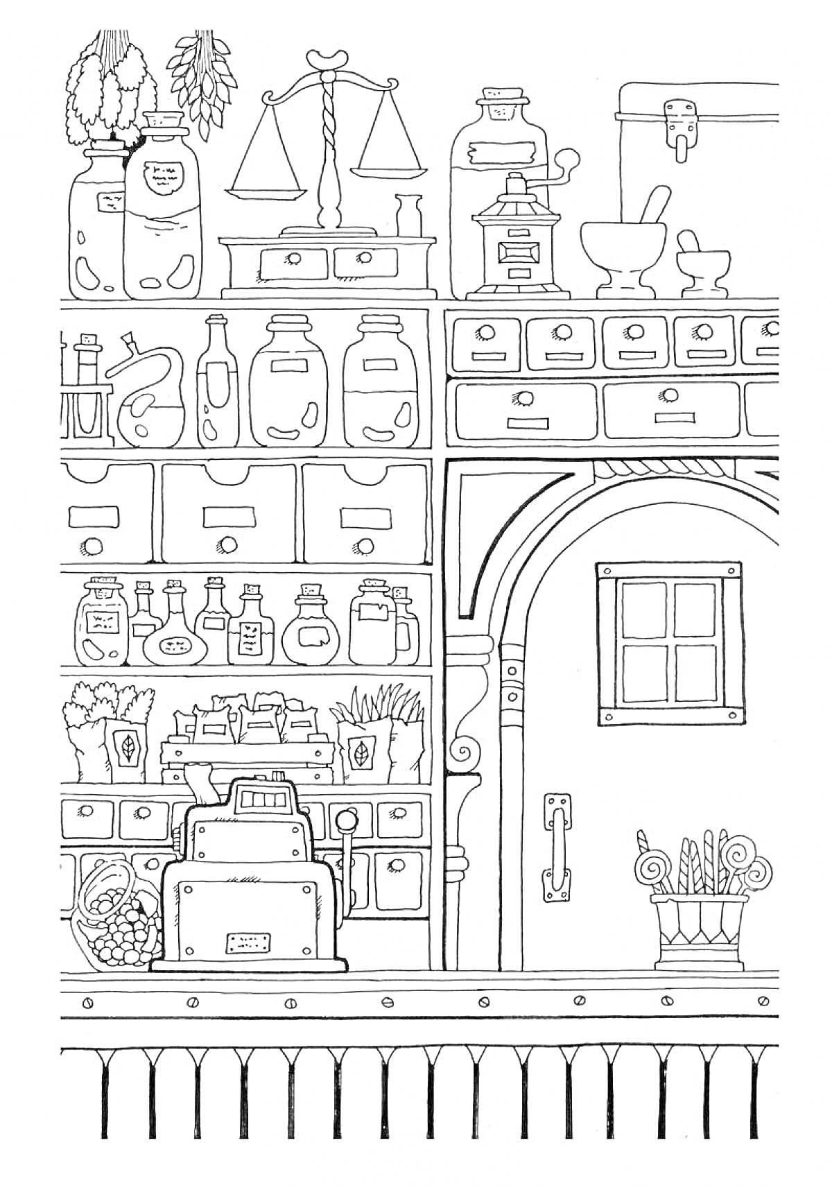 На раскраске изображено: Аптека, Медицинские инструменты, Весы, Полки, Ящики, Арка, Растения, Интерьер, Стеллажи