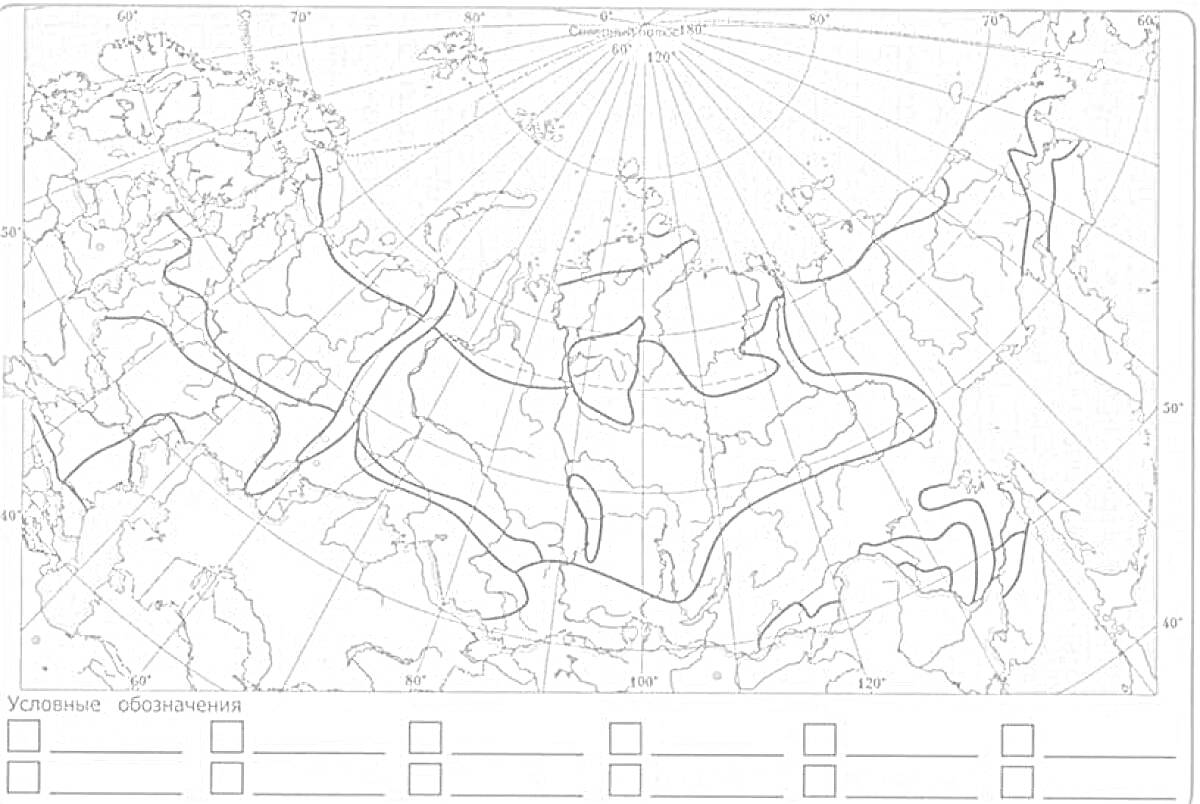 Карта природных зон России с легендой, окруженная толстыми черными линиями, указывающими на различные природные зоны, включая тундру, тайгу и степь. В нижней части карты находится условное обозначение с пустыми квадратиками для подписей.