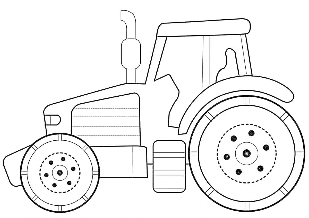 Раскраска Трактор с большими и маленькими колесами, кабиной и выхлопной трубой