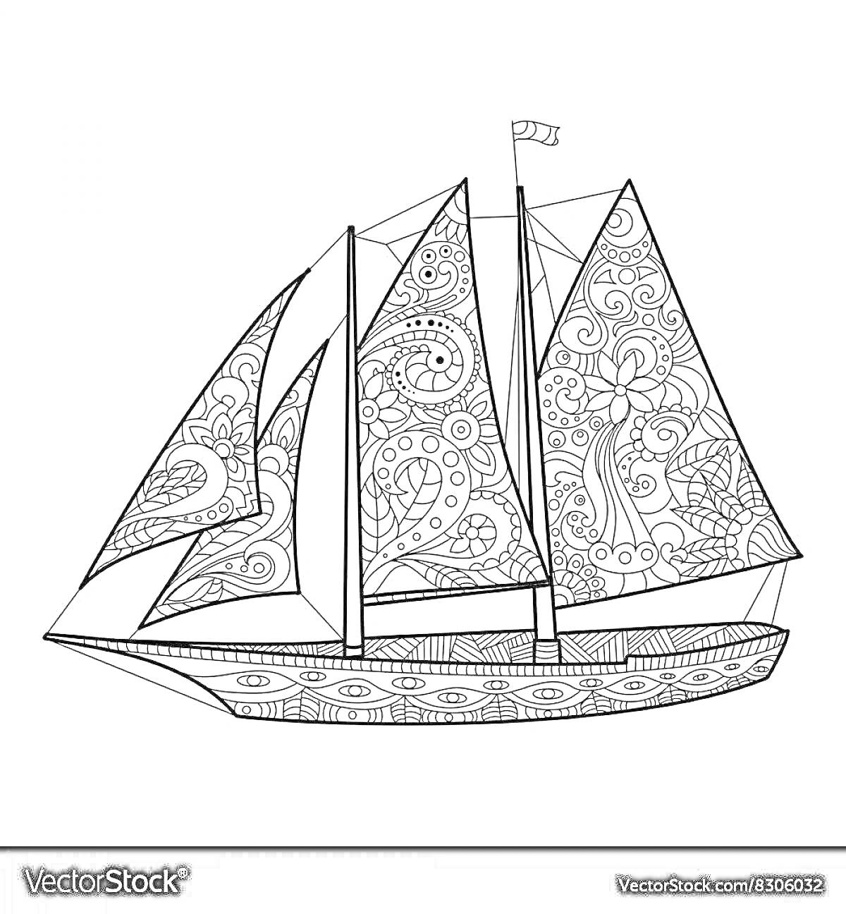 Раскраска Антистрессовая раскраска с парусным кораблем, украшенная узорами, включая цветы, завитки и геометрические фигуры