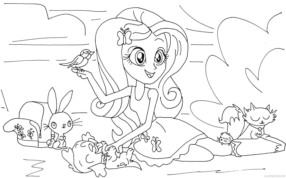 На раскраске изображено: My Little Pony, Птица, Кролик, Белка, Природа, Облака, Анимация