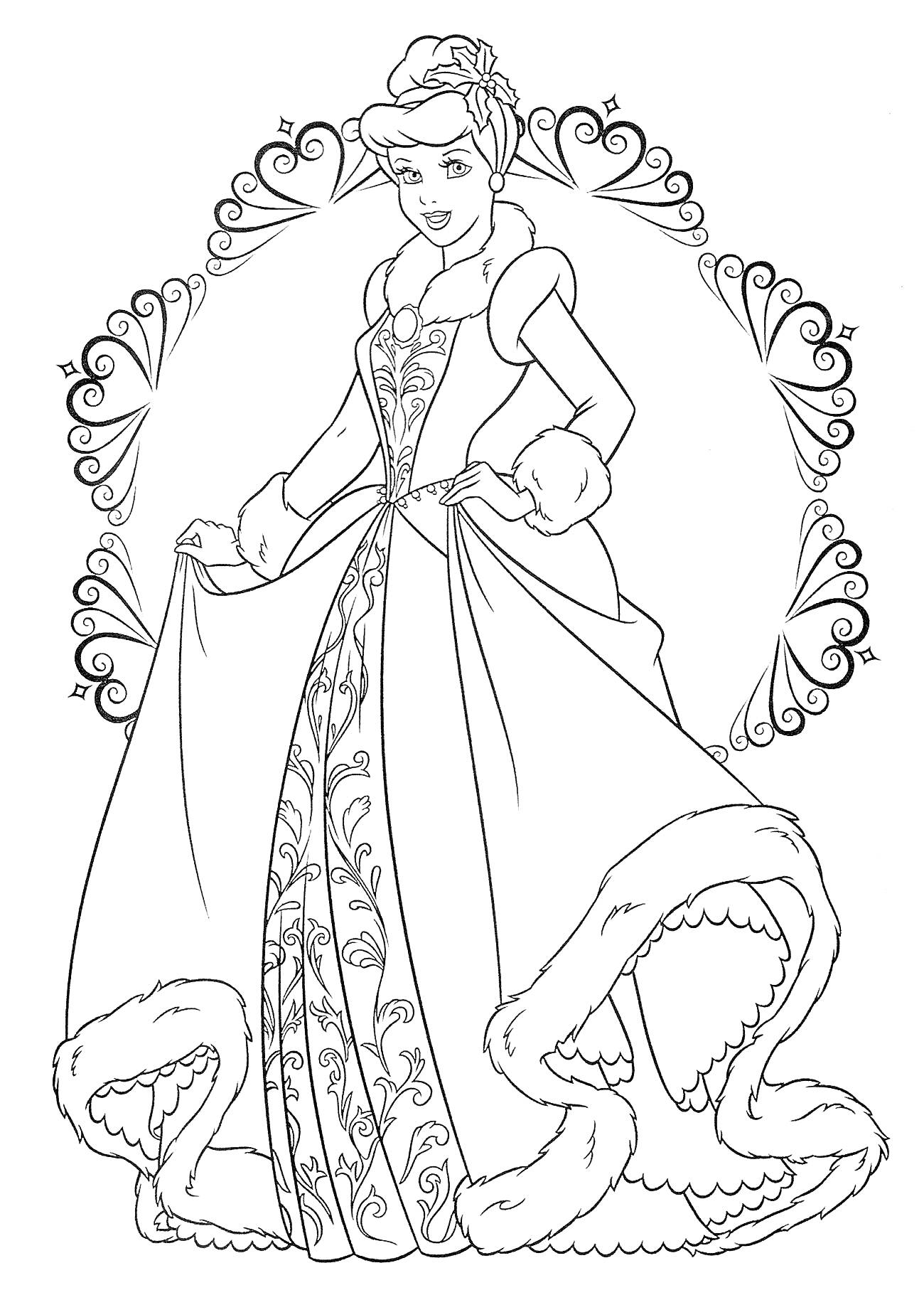 Принцесса в элегантном платье с узорами, стоящая в обрамлении узорчатых сердечек