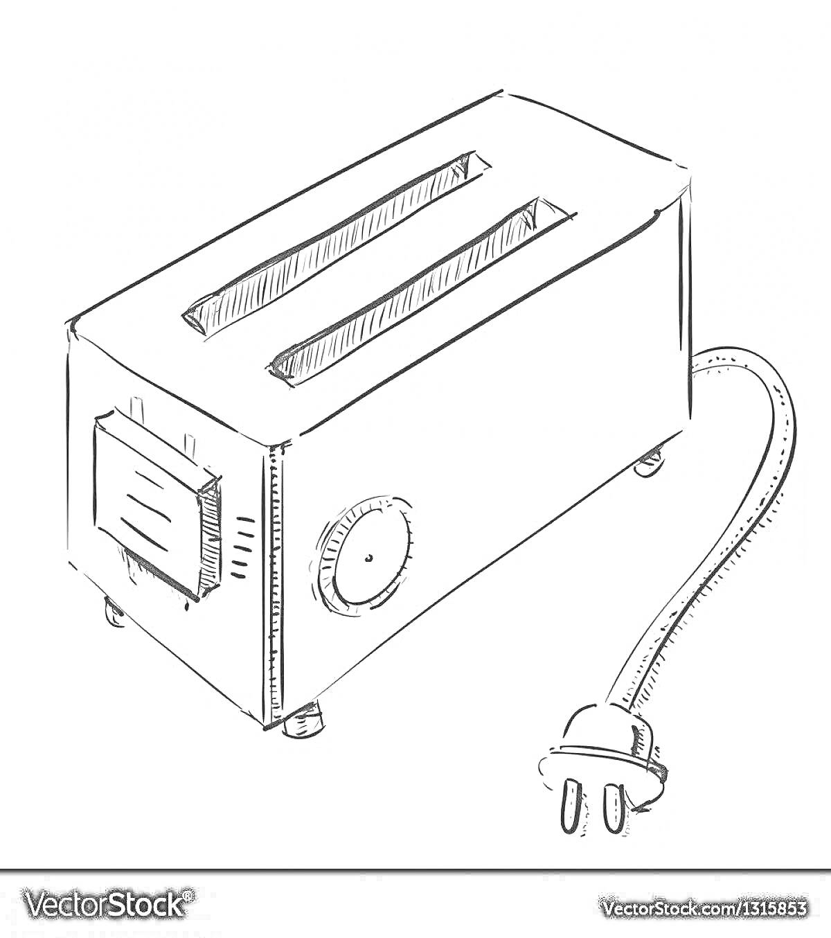 Раскраска Тостер с двумя отделениями, кнопкой, регулятором и вилкой