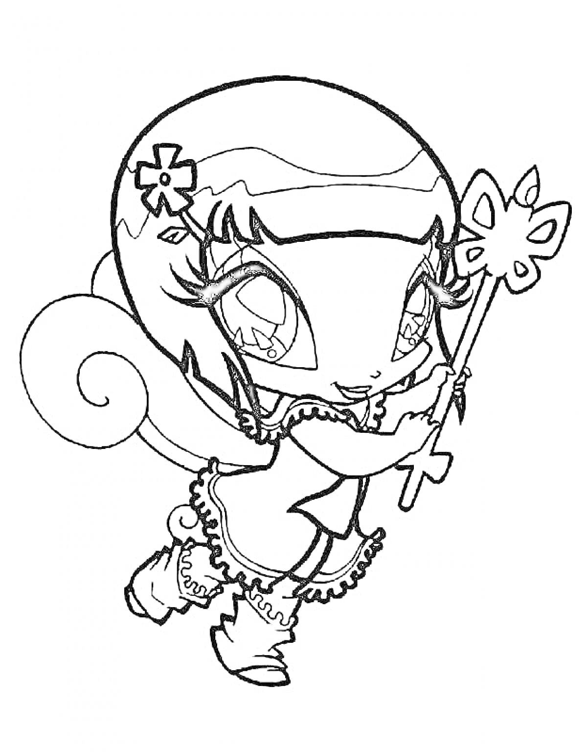 Раскраска Пикси Винкс с волшебной палочкой и цветком в волосах
