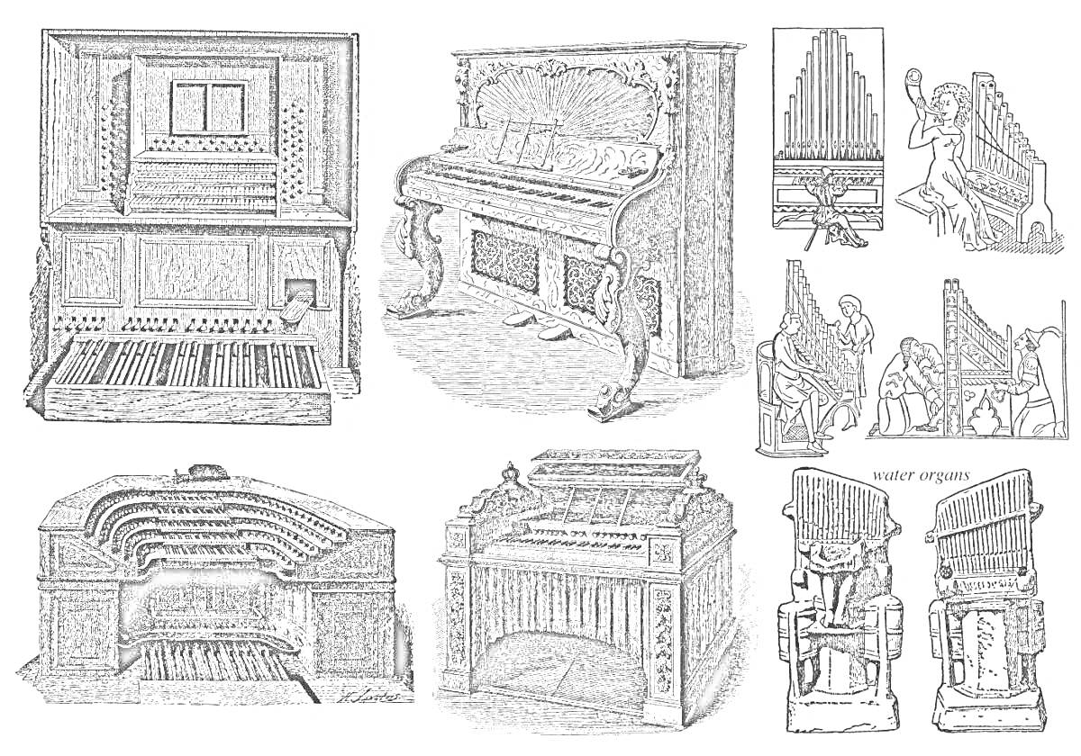 На раскраске изображено: Орган, Клавиатура, Музыканты, Схема, Антиквариат, Музыка, Музыкальные инструменты