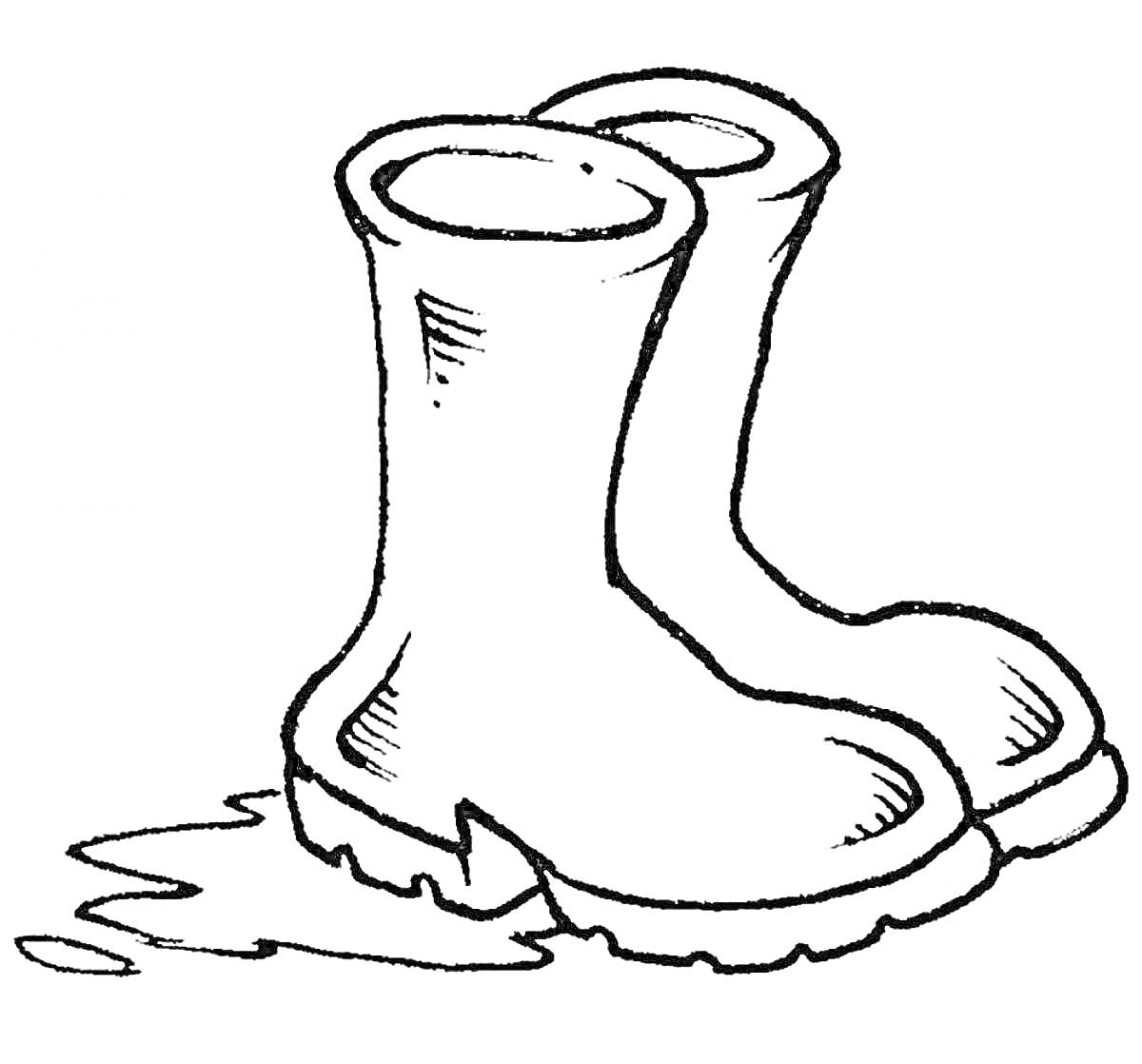 На раскраске изображено: Сапоги, Резиновые сапоги, Обувь, Лужа, Вода, Дождь, Для детей