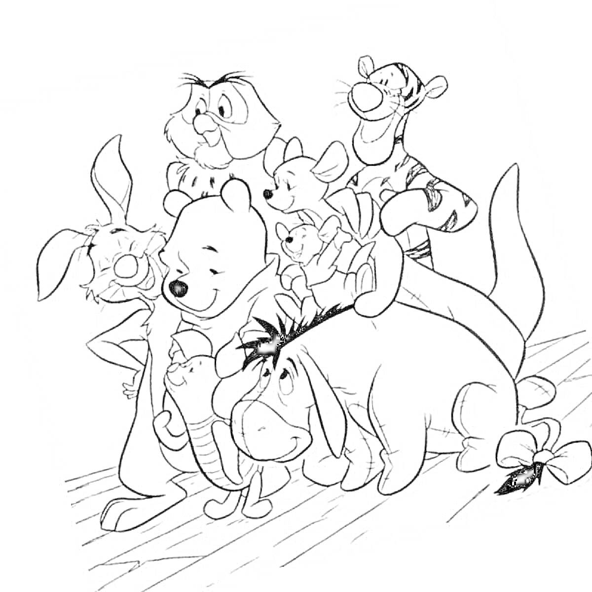 На раскраске изображено: Винни-Пух, Кролик, Сова, Тигра, Кенга, Ру, Иа-Иа, Друзья