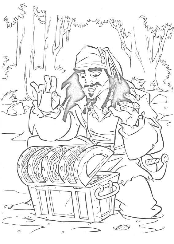 Пират открывает сундук с сокровищами в лесу