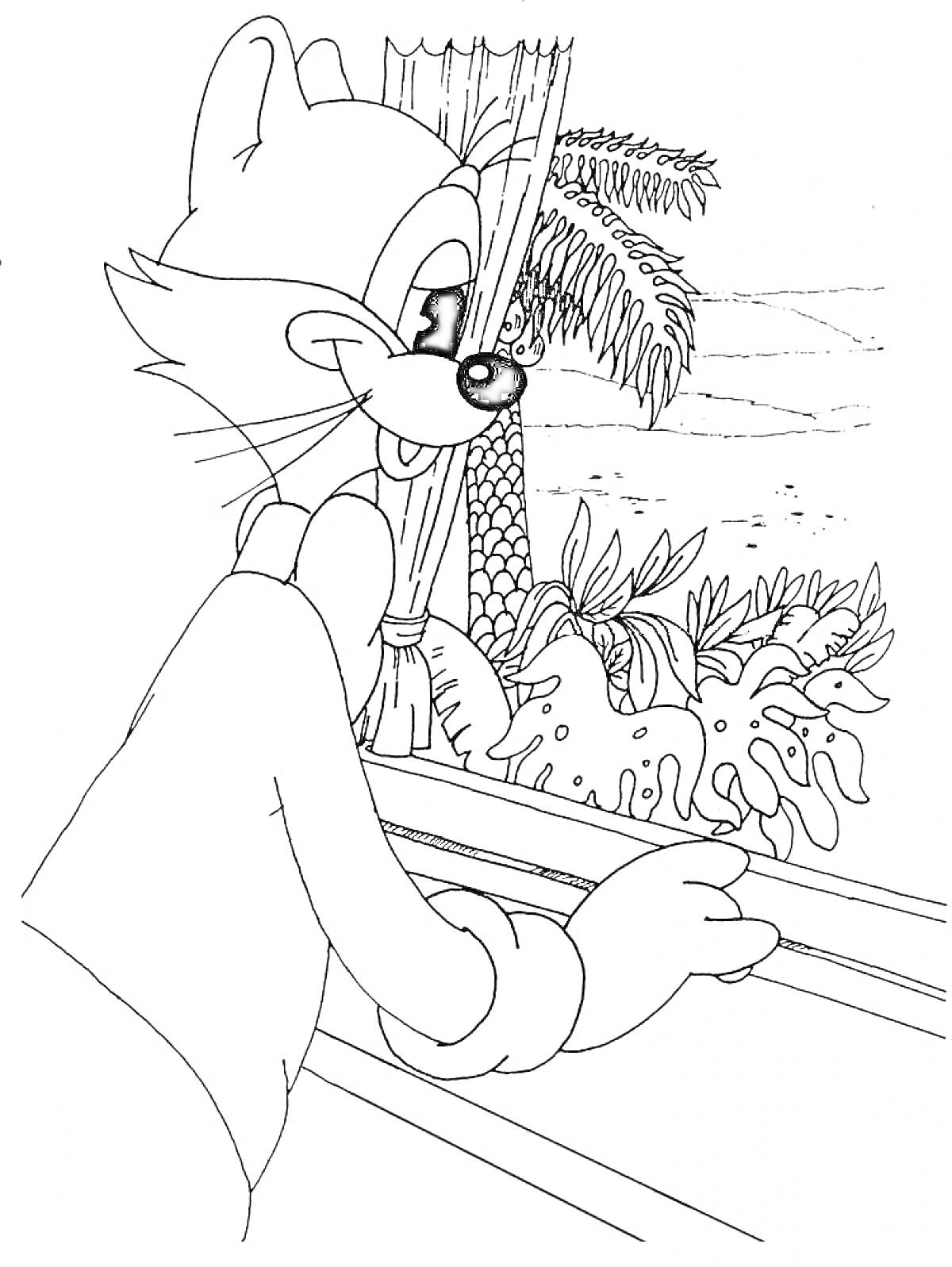 Раскраска Кот Леопольд у окна, смотрящий на пальму и кустарники за окном