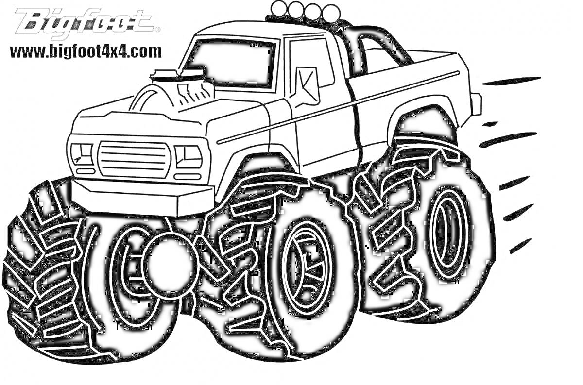 На раскраске изображено: Большие колеса, Авто, Грузовая машина, Монстер трак, Полиция