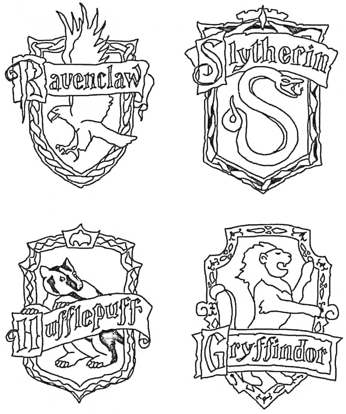 Гербы четырёх факультетов - Когтевран (орёл, баннер с надписью 