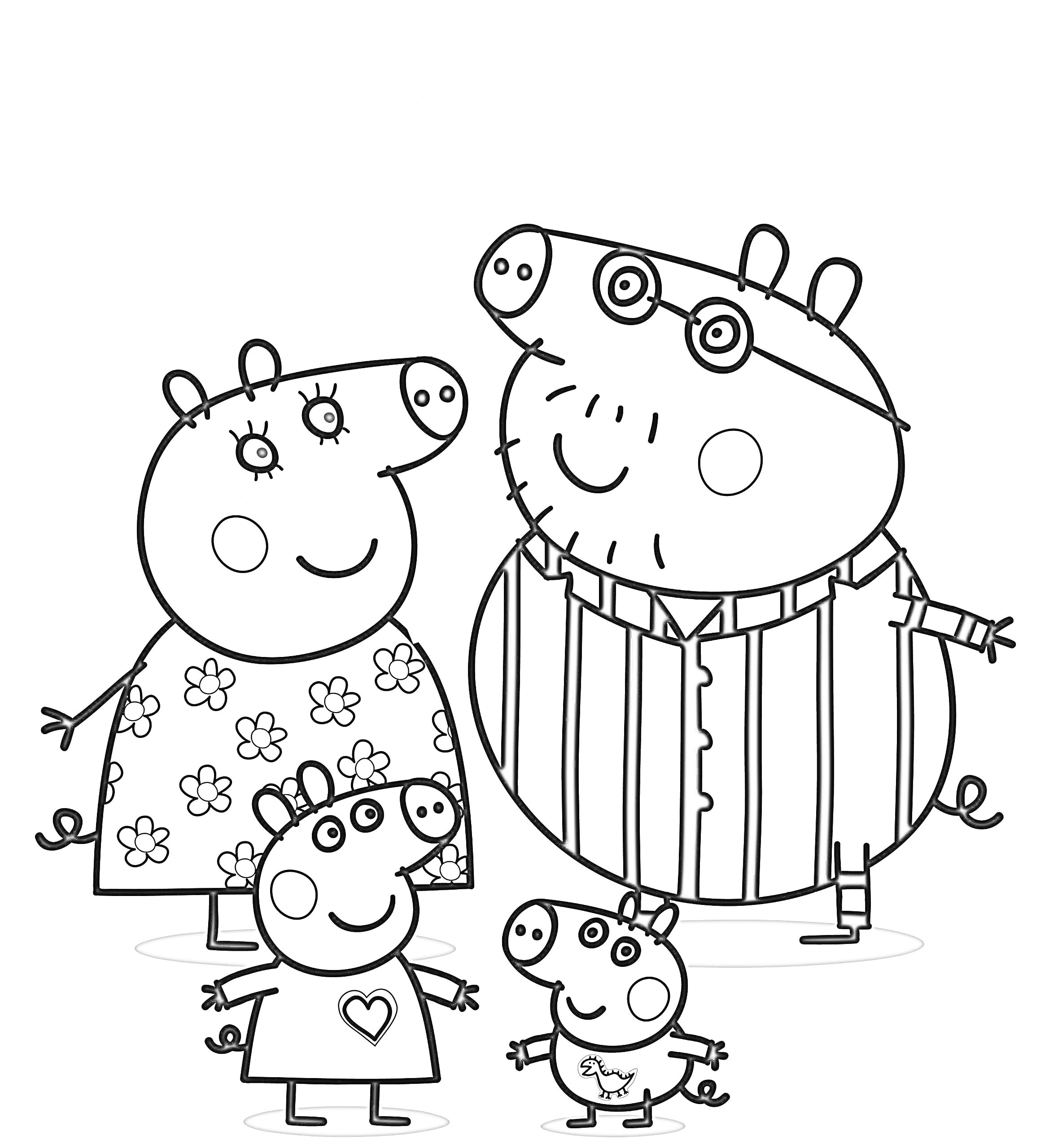 Раскраска Свинка Пеппа с семьей на прогулке: Свинка Пеппа, Папа Свин в полосатой рубашке, Мама Свинка в цветастом платье, младший брат Джордж в футболке с динозавром, маленькая свинка в футболке с сердцем.