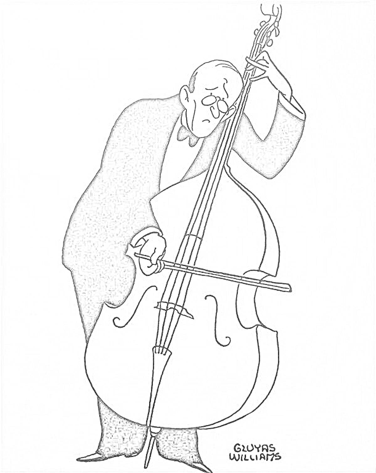На раскраске изображено: Контрабас, Смокинг, Человек, Музыкальные инструменты