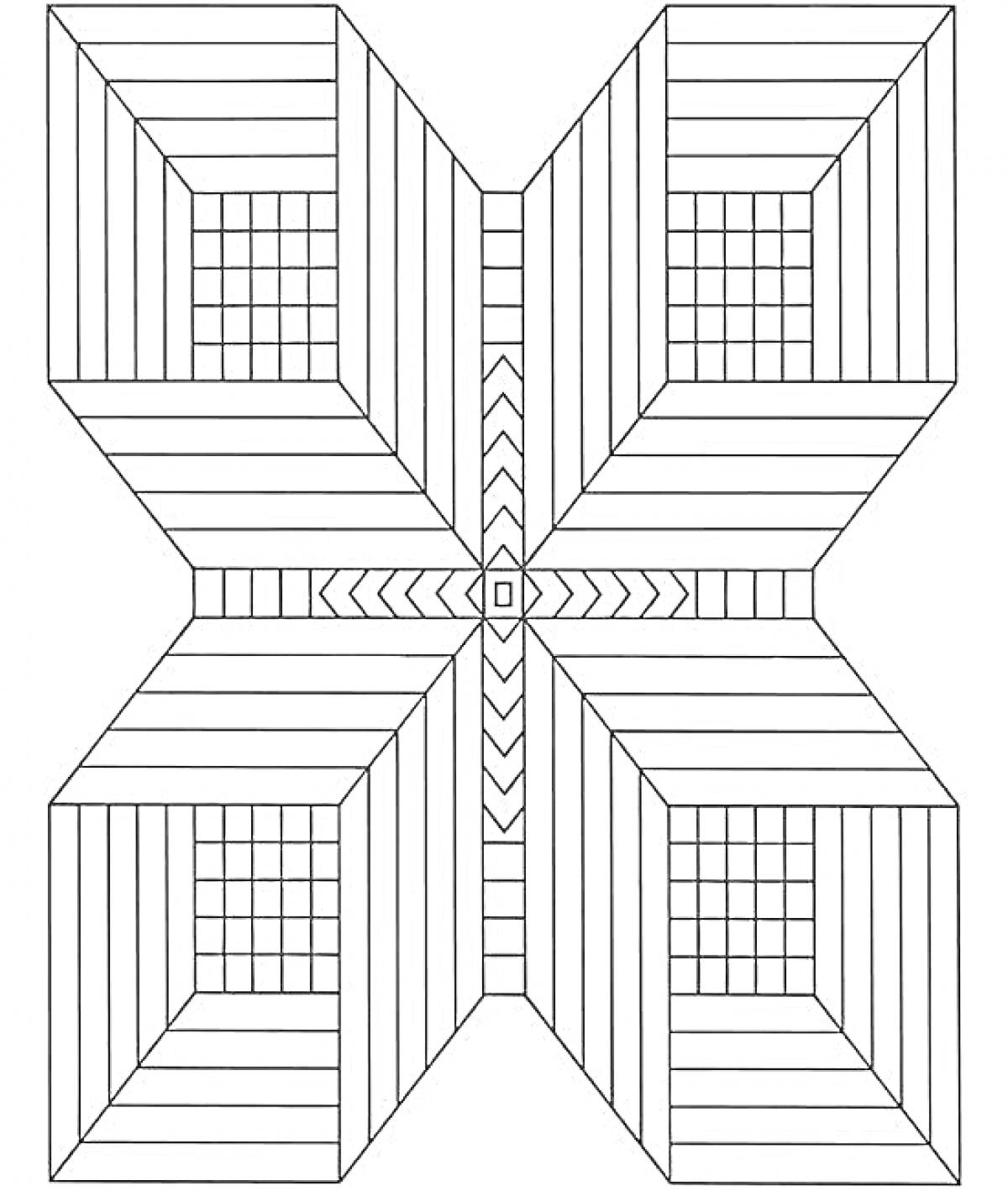 Раскраска Абстрактная 3D структура с квадратными элементами и центральной симметрией