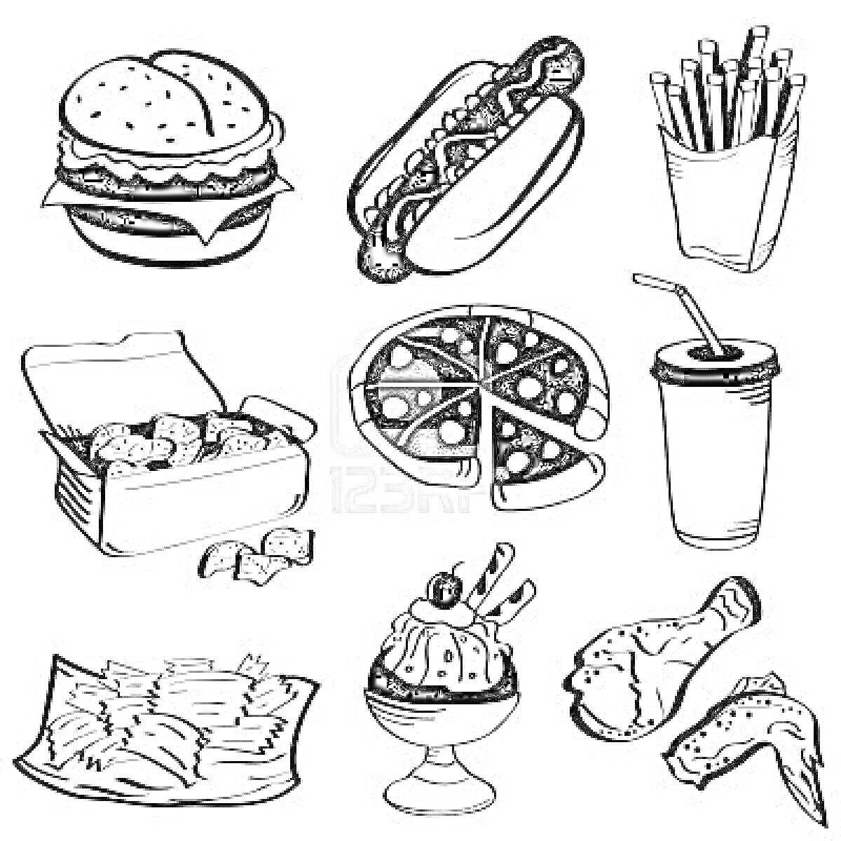 Раскраска Гамбургер, хот-дог, картофель фри, куриные наггетсы, пицца, газированная вода с трубочкой, картофельные чипсы, мороженое с вишней, куриные ножки