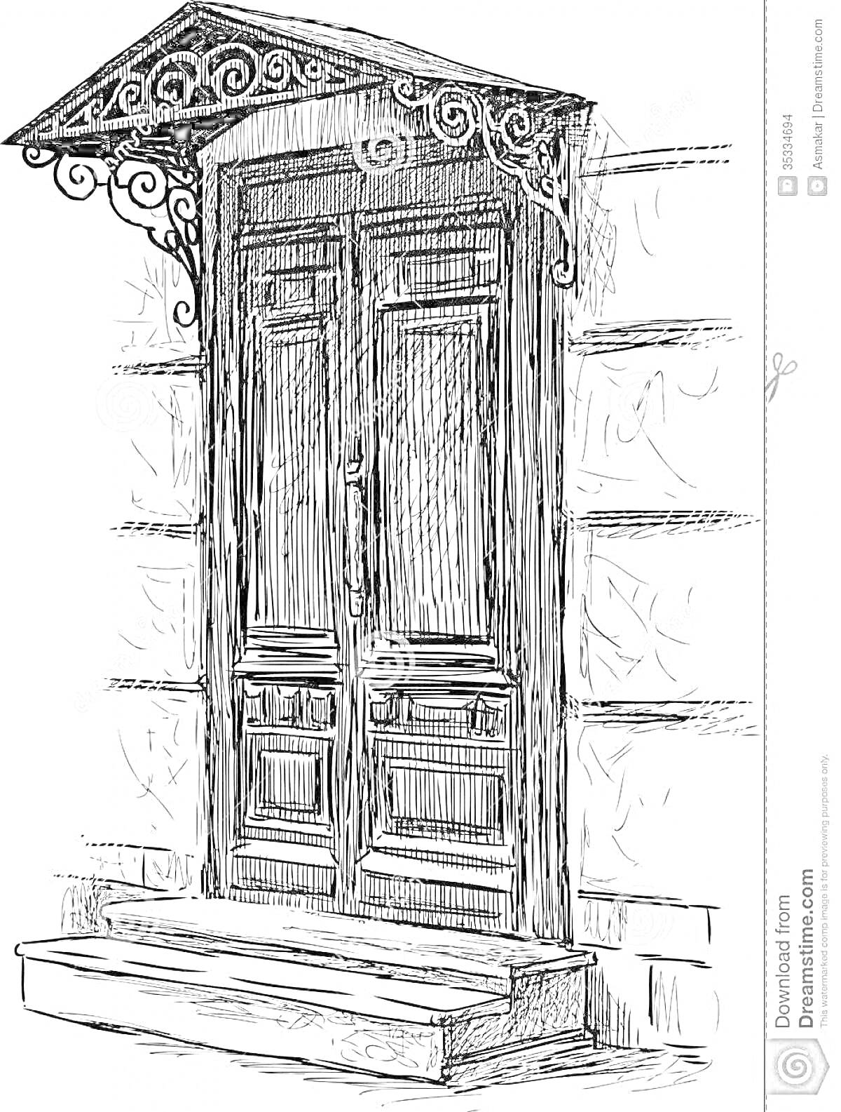 Раскраска Деревянная дверь с кованым навесом над крыльцом