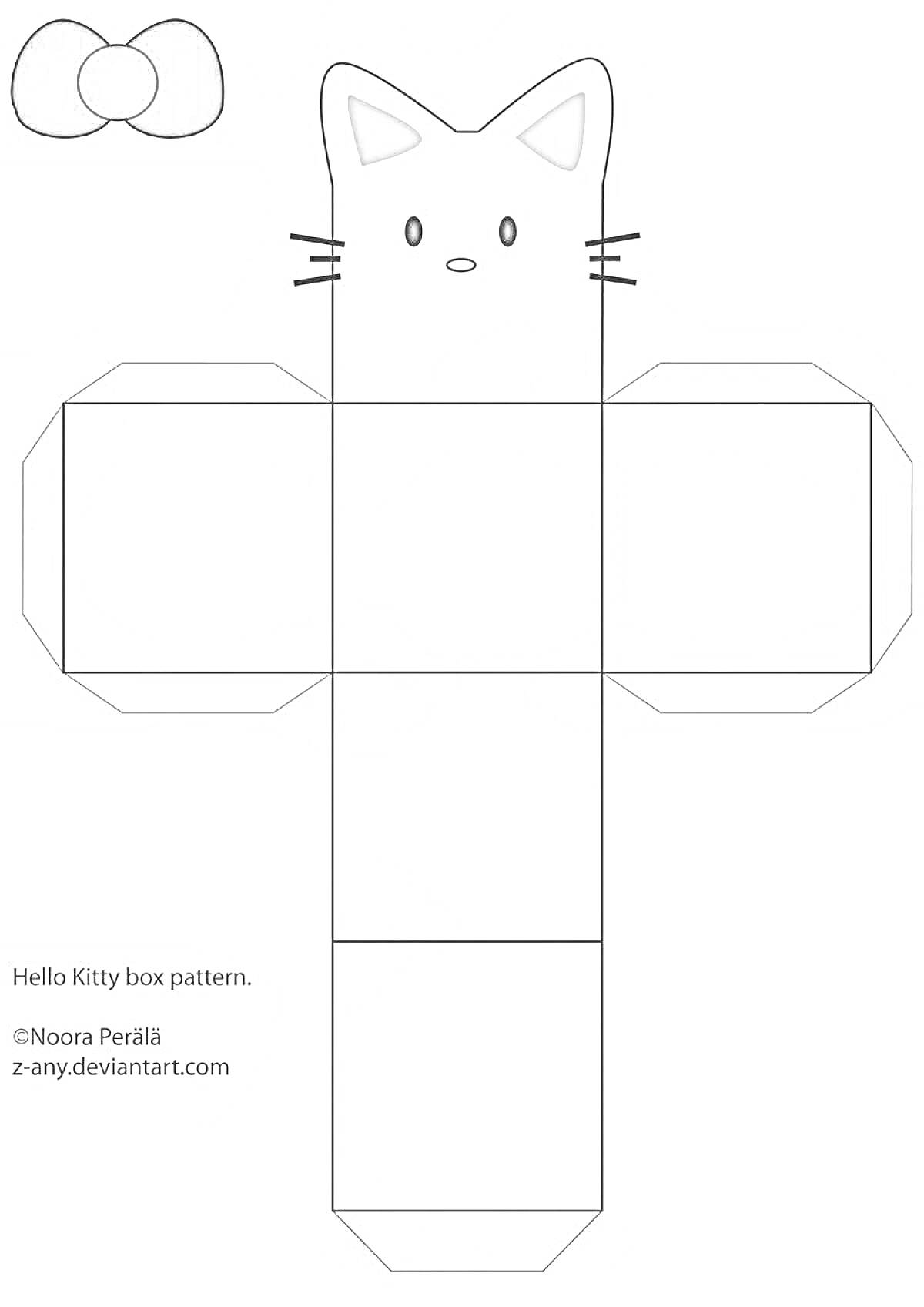На раскраске изображено: Коробочка, Уши, Глаза, Нос, Усы, Бант, Бумажное ремесло, Хелло Китти