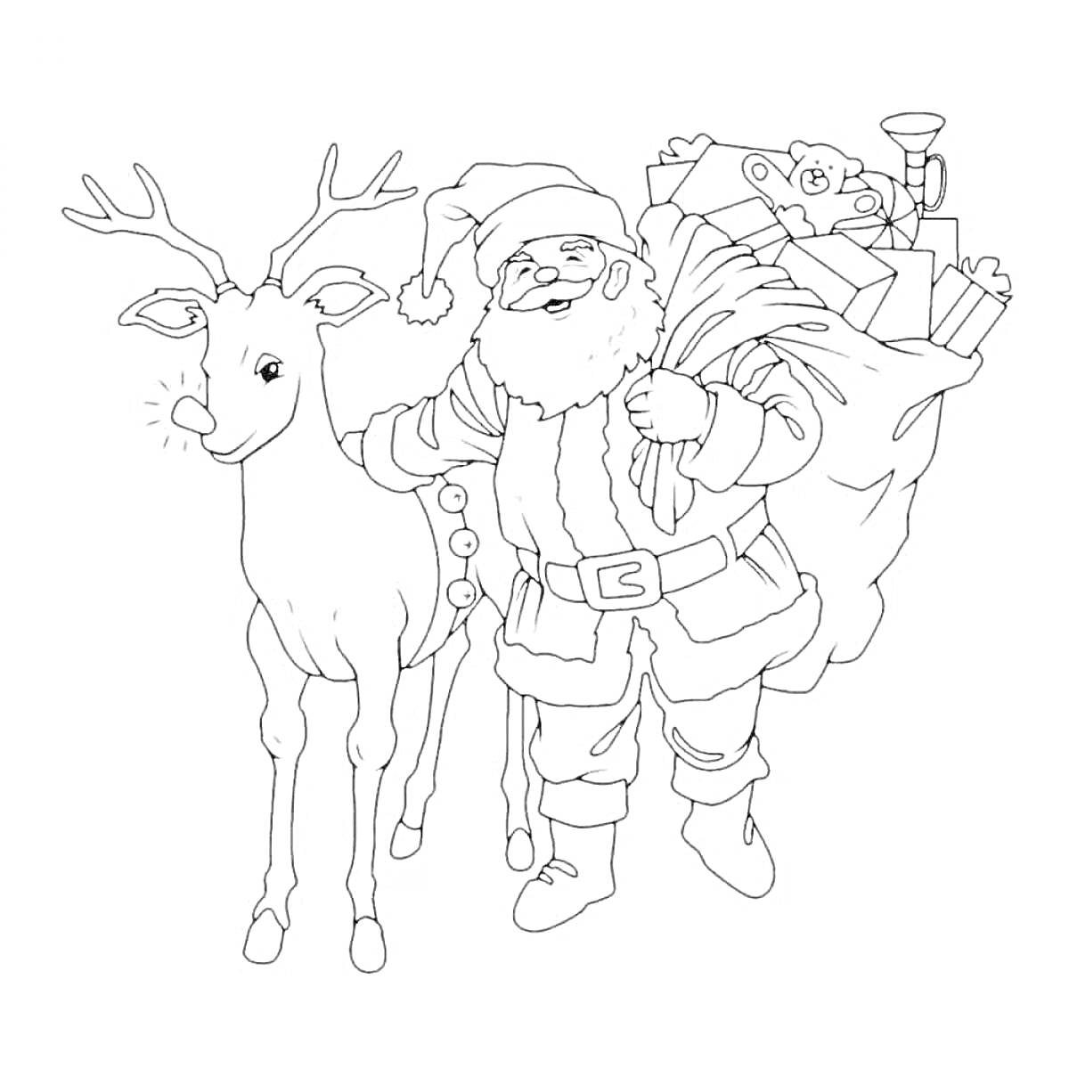 На раскраске изображено: Дед Мороз, Олень, Рождество, Новый год, Праздничное настроение, Разукрашка
