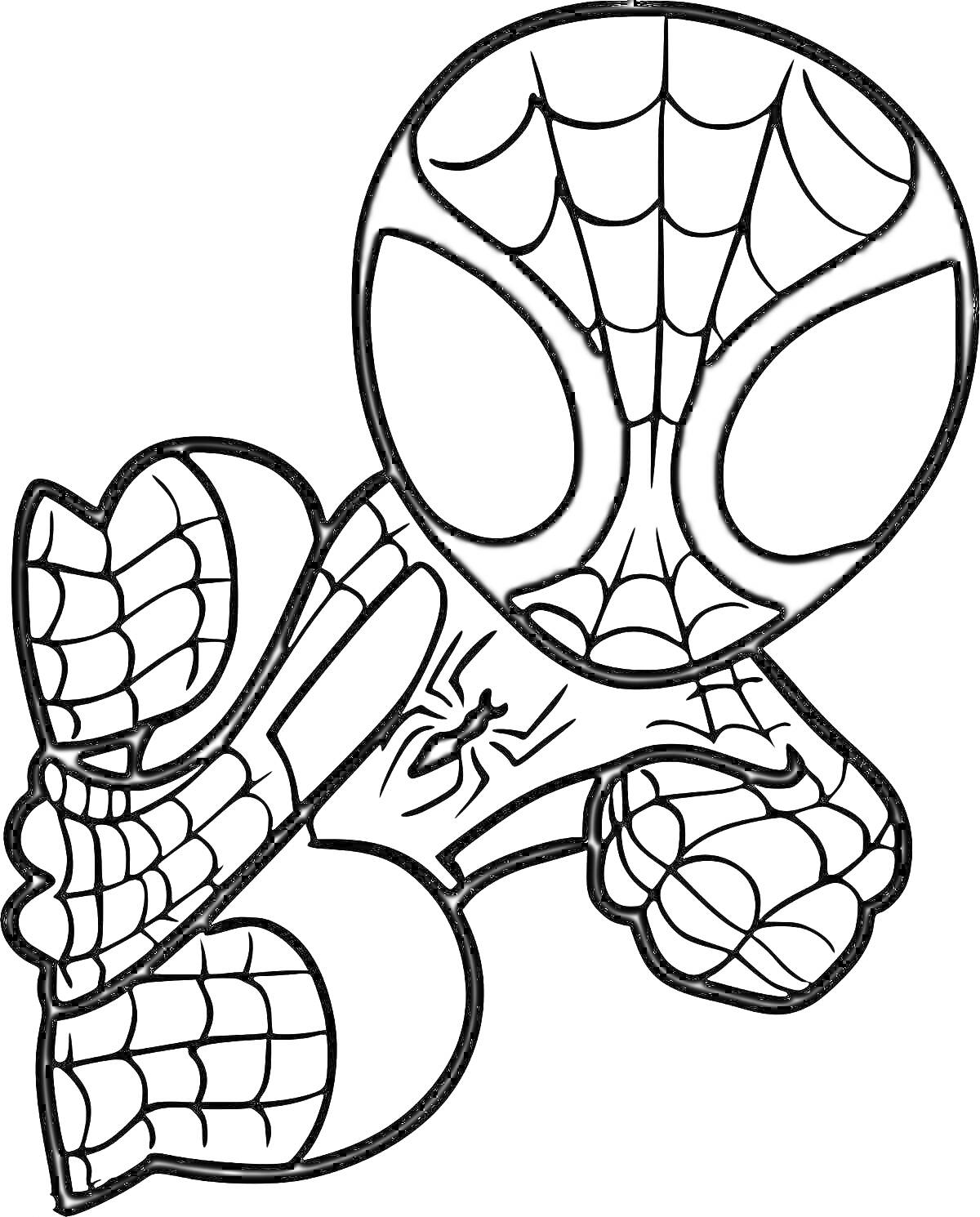 Раскраска Человек-паук в прыжке с паутиной и пауком на груди