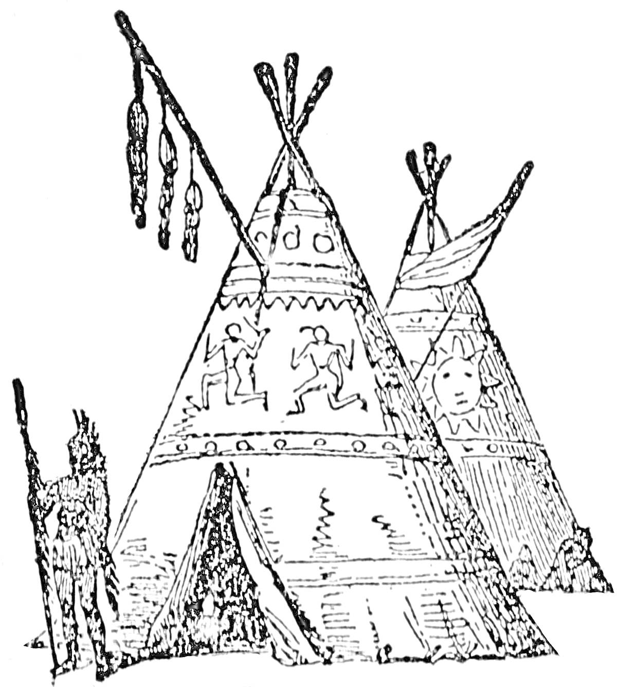 На раскраске изображено: Чум, Палатка, Север, Человек, Декоративные элементы