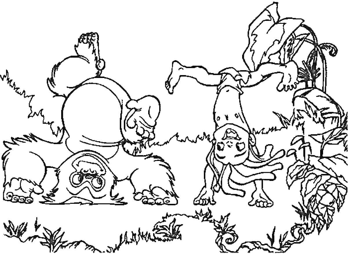 На раскраске изображено: Тарзан, Горилла, Стойка на руках, Джунгли, Растения, Из мультфильмов
