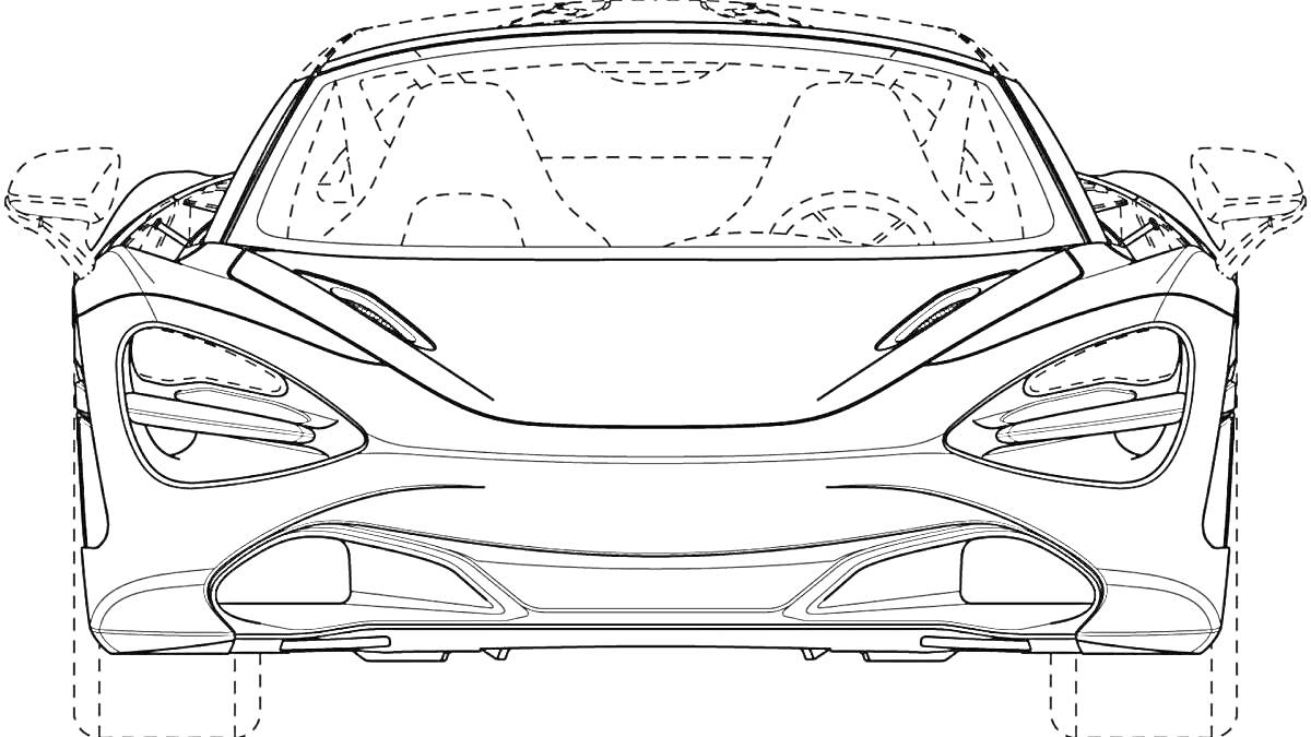 Раскраска Передний вид автомобиля Макларен, включая детали кузова, фар, решетки радиатора и боковых зеркал