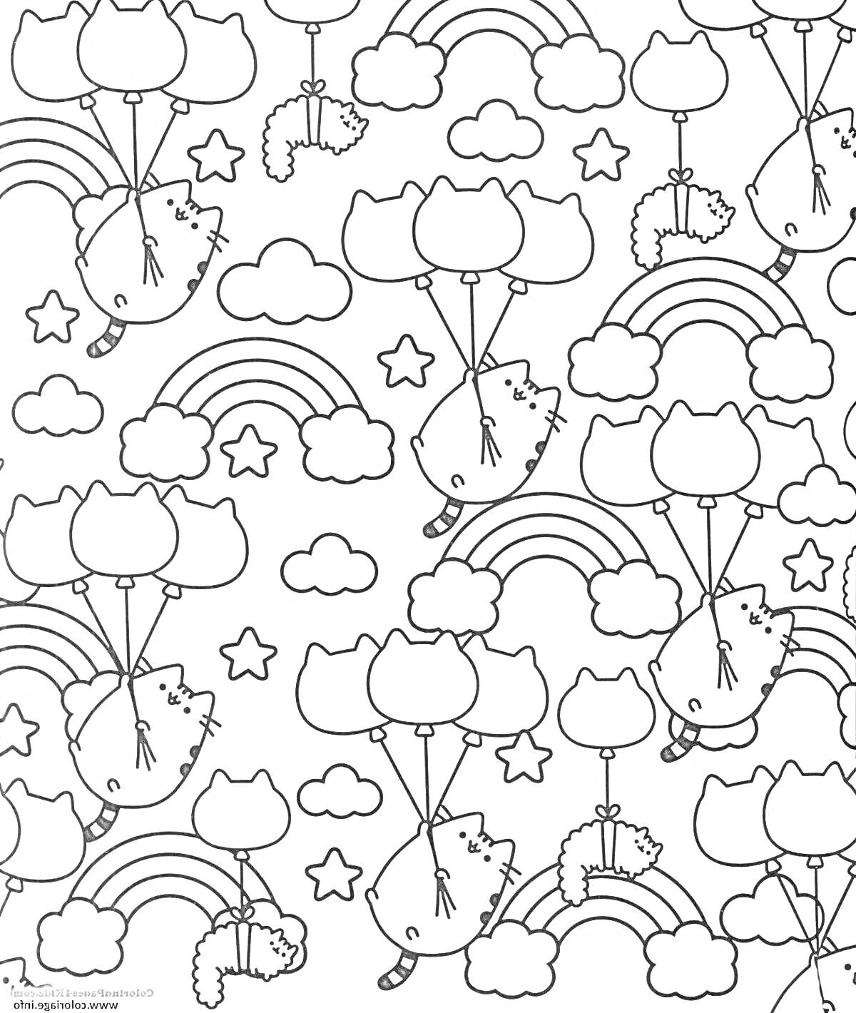На раскраске изображено: Воздушные шары, Радуги, Облака, Звезды, На стену
