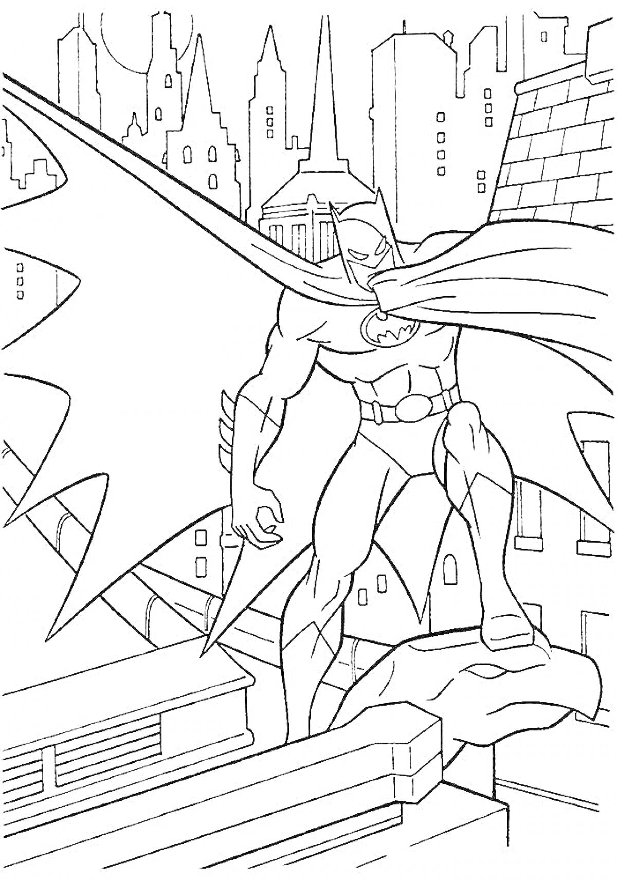 Раскраска Бэтмен стоит на краю здания с плащом на фоне городских небоскребов