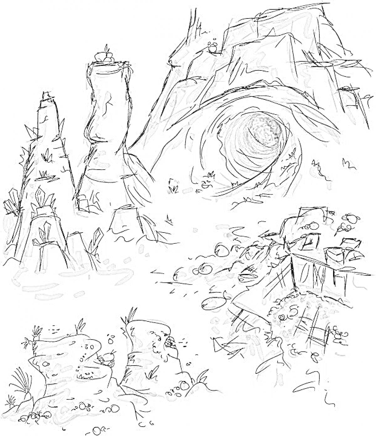 Раскраска Пещера с входом, карстовыми образованиями и каменными глыбами