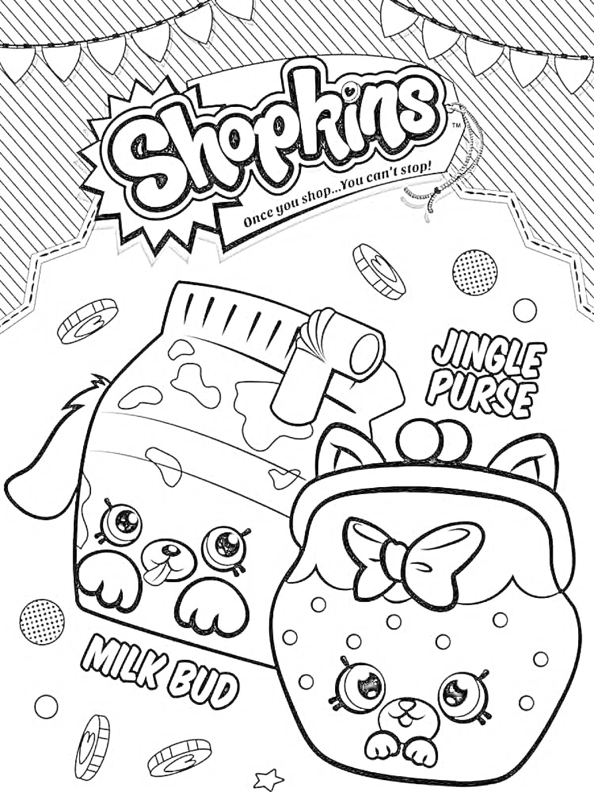 Раскраска Shopkins Milk Bud и Jingle Purse с конфетами и звездочками
