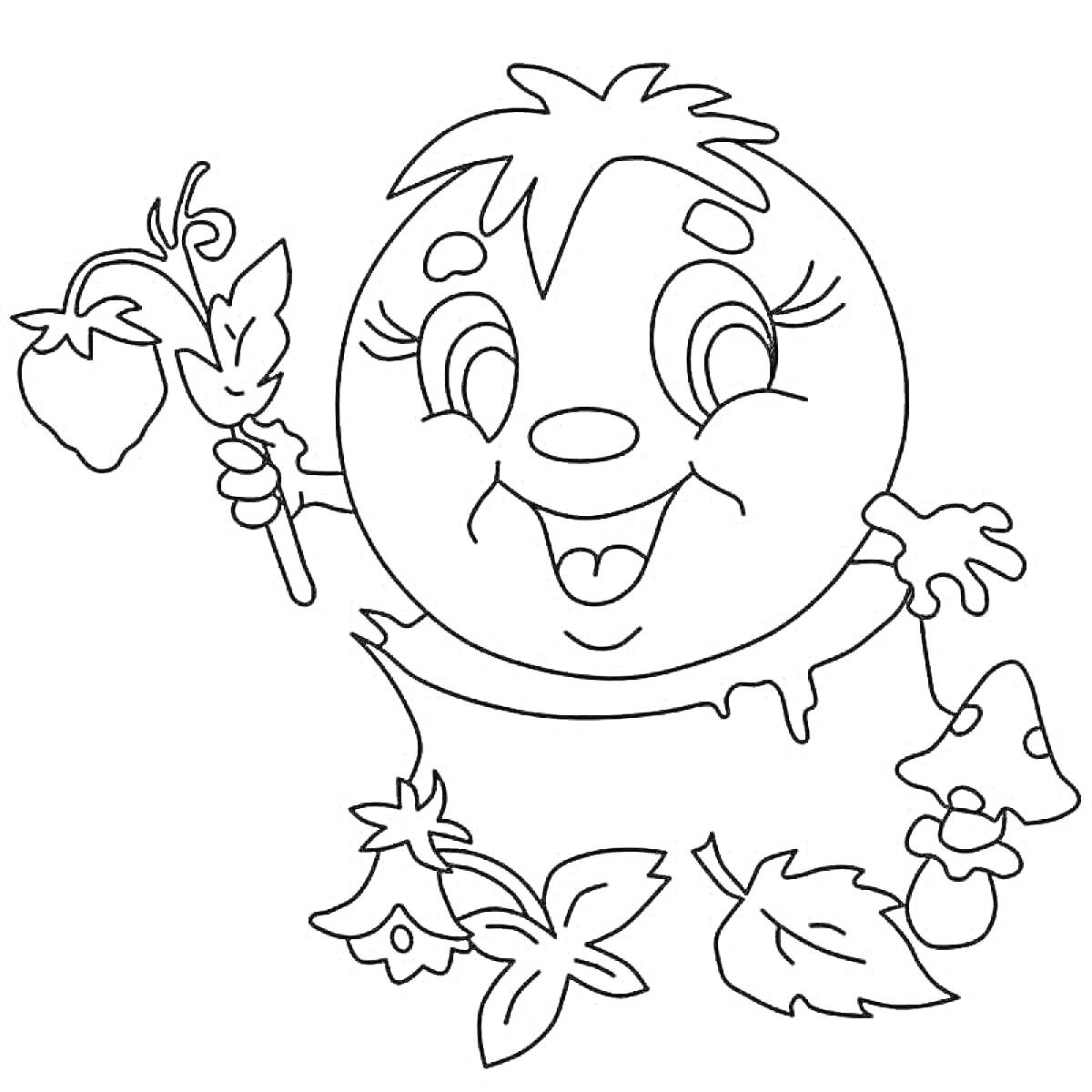 На раскраске изображено: Колобок, Клубника, Листья, Для детей, 3-4 года, Грибы