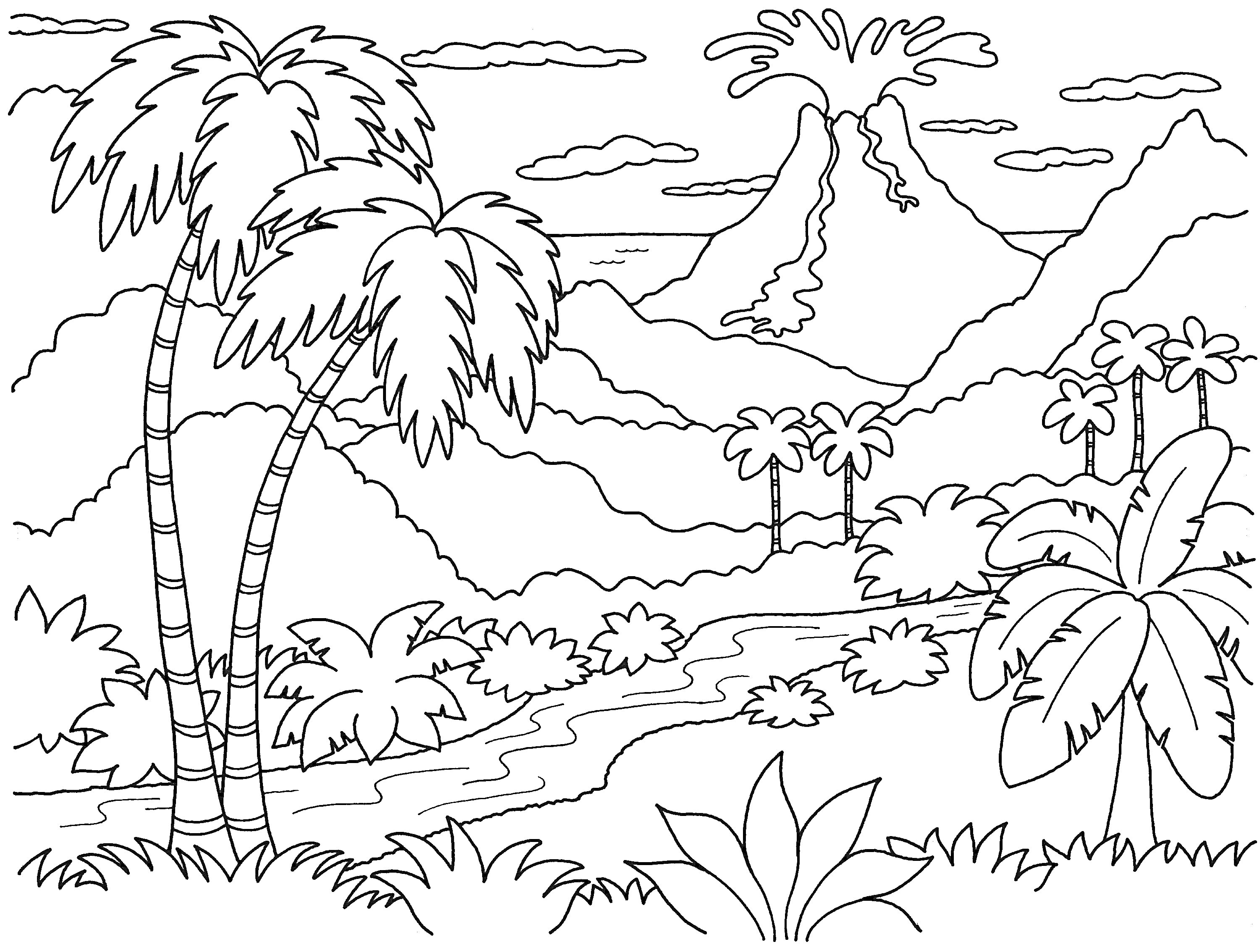 На раскраске изображено: Пейзаж, Природа, Вулкан, Река, Пальмы, Облака, Горы