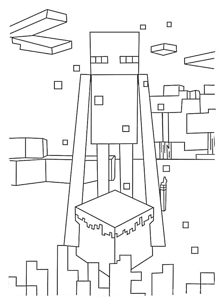 Раскраска Слендермен в кубическом мире с плавающими кубами на фоне