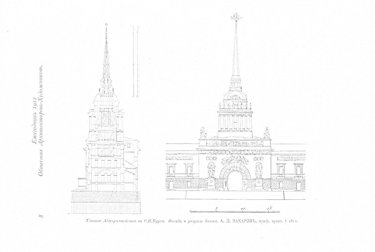 Раскраска Архитектурные чертежи Адмиралтейства в Санкт-Петербурге, главный фасад и боковой вид
