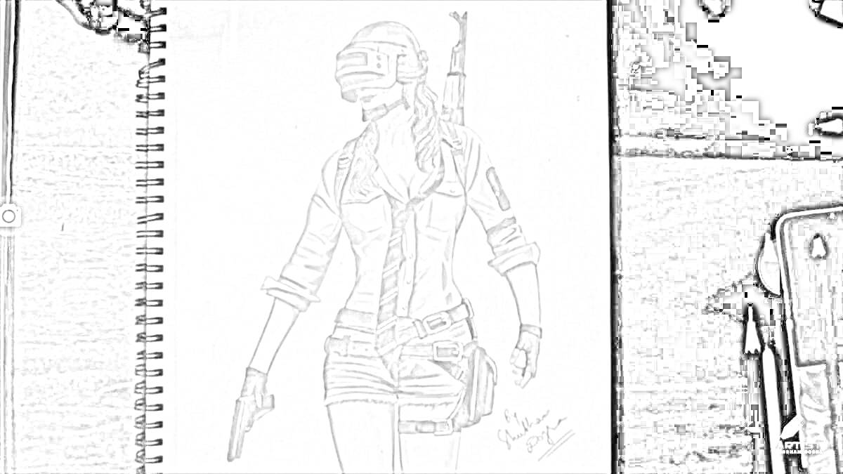 Раскраска Персонаж в шлеме с оружием из PUBG, стоящий на странице блокнота