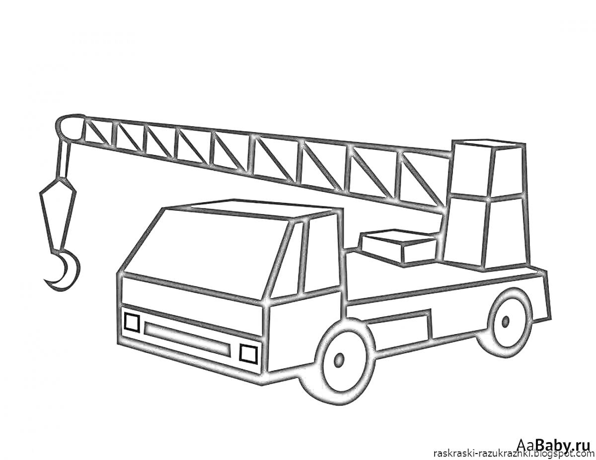 Раскраска Детский кран с крюком, кабиной и колесами