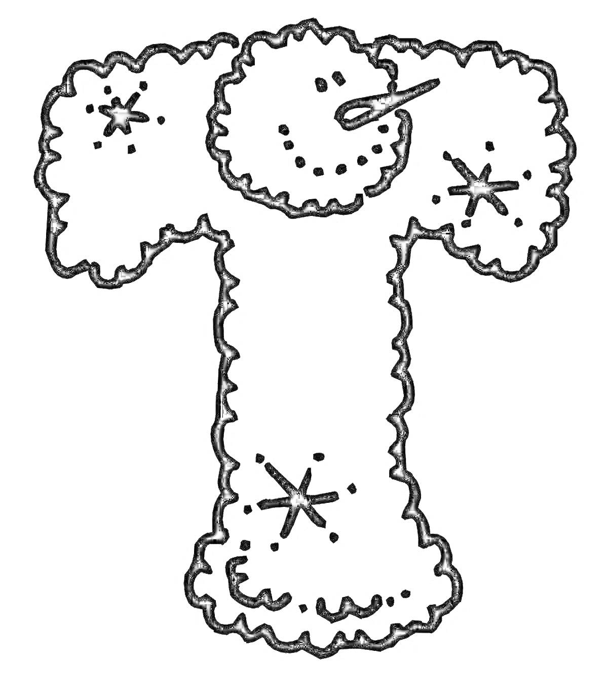 Раскраска Буква Т в форме сурка снега с морковкой носом и снежинками