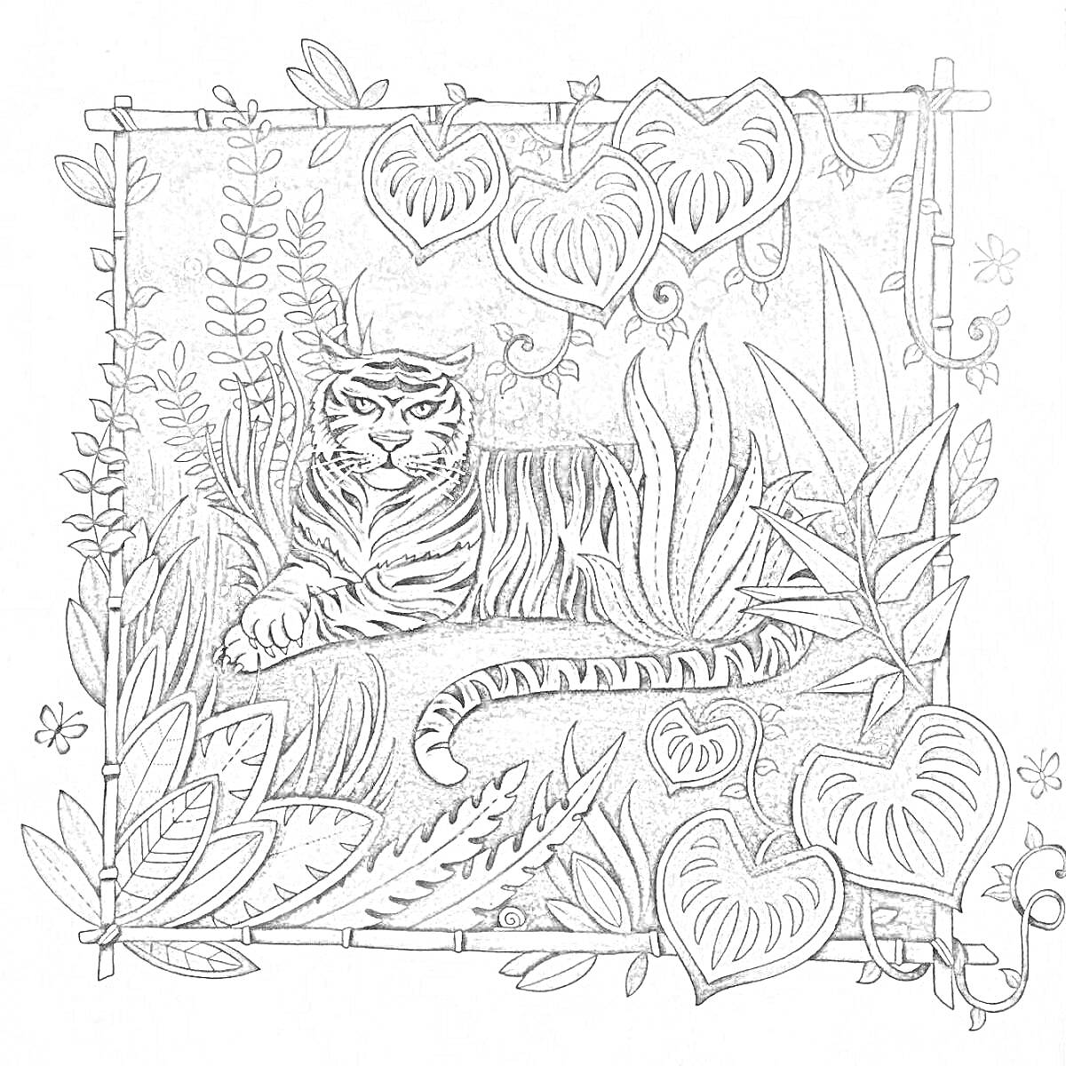 Раскраска Тигр среди листвы в джунглях на камне