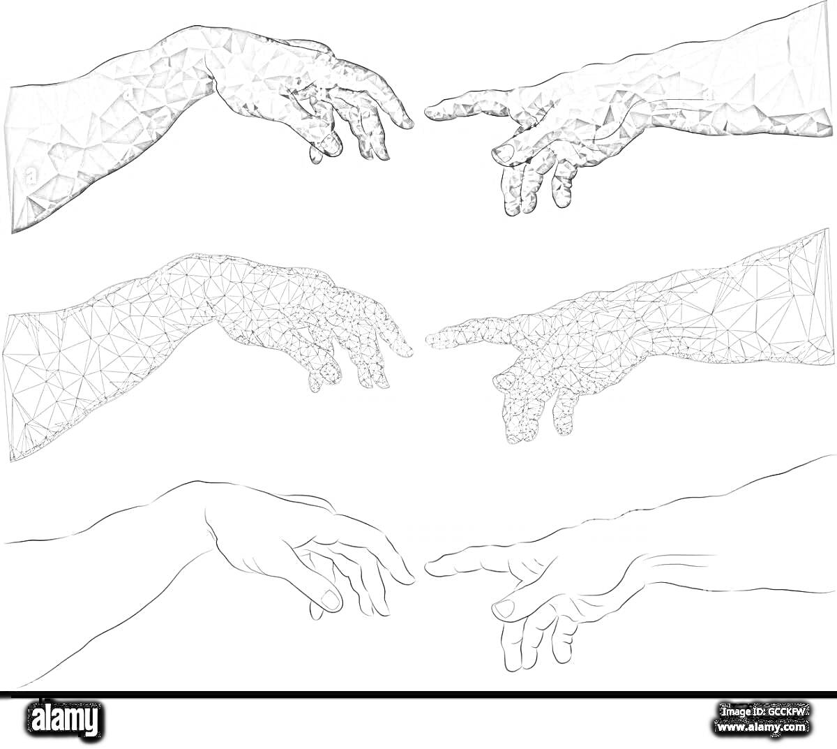 Раскраска Рука Адама и рука Бога в различных стилях: полигональный стиль, контурный стиль, классический стиль