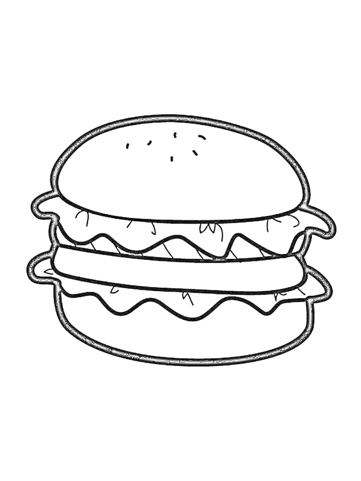 Раскраска бургер с булочкой, салатом и двумя слоями котлет