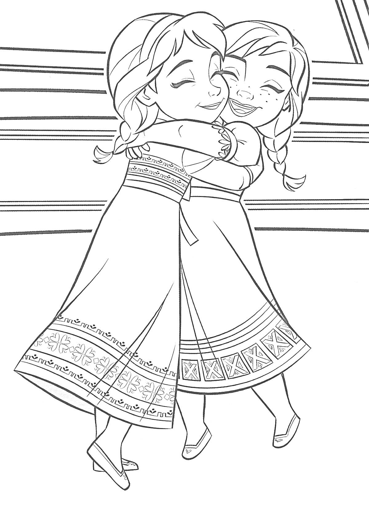 Раскраска Объятие двух девочек в платьях с узорами из мультфильма 
