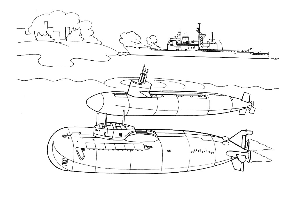 Две подводные лодки под водой и корабль на поверхности с городом на горизонте