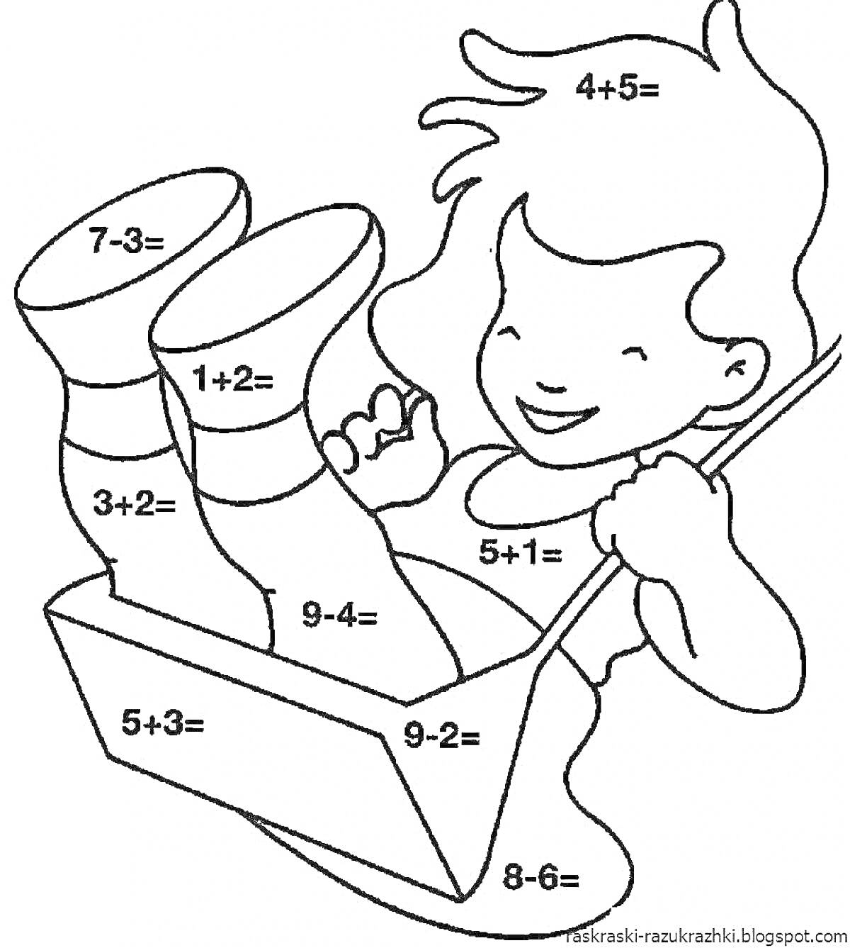 Раскраска Мальчик качается на качелях, примеры математических выражений