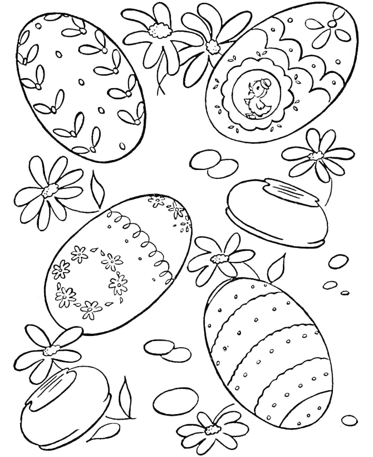 На раскраске изображено: Пасха, Пасхальные яйца, Цветы, Весна, Украшения, Праздники