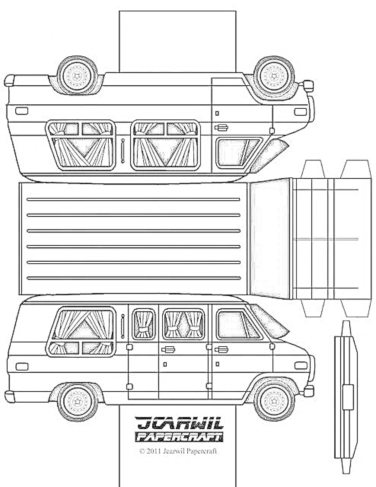 На раскраске изображено: Бумажная модель, Микроавтобус, Поделка, Своими руками, Транспорт, DIY