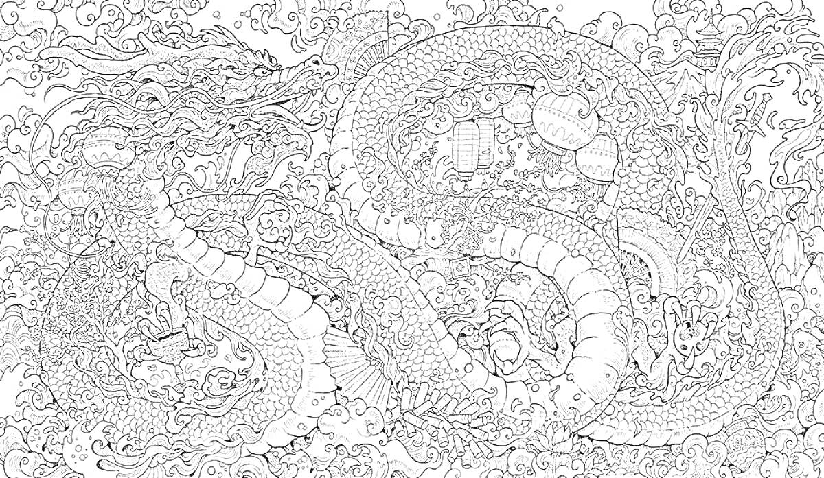 Раскраска Дракон в окружении сложных узоров и деталей, с множеством различных элементов, таких как цветы, завитки, мотыльки, листья, и волны.