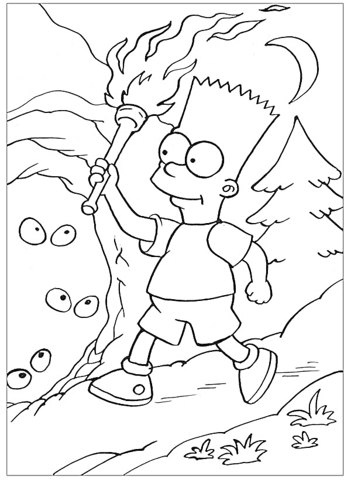 Раскраска Барт Симпсон с факелом идет по лесу в ночное время